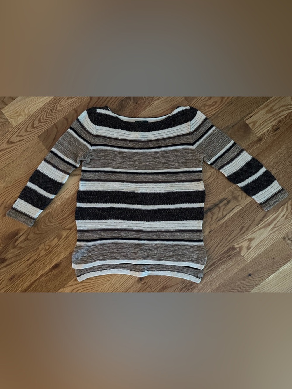 Lauren Ralph Lauren LRL Striped Knit Sweater Medium Brown Cream 3/4 Sleeve